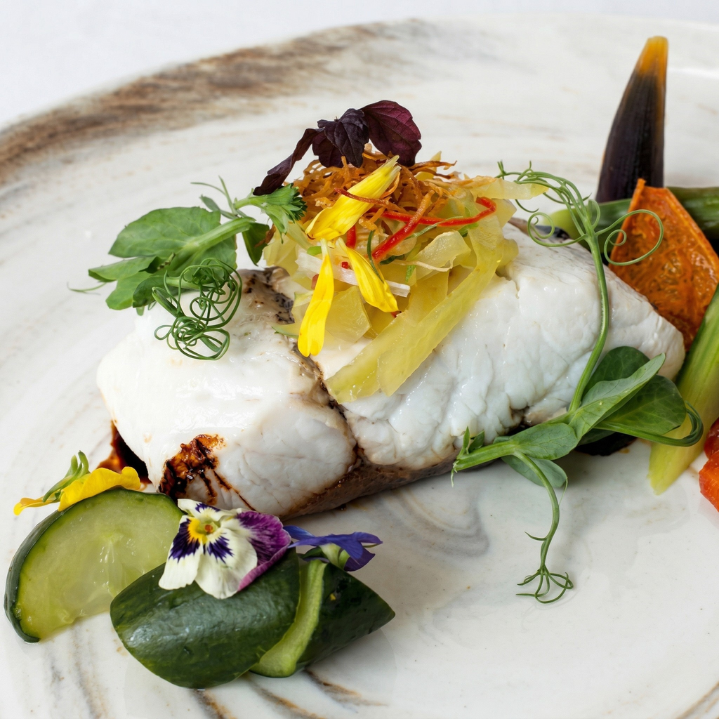 Steamed Barramundi with Salted Vegetables, Olive Leaves & Superior Soy Sauce