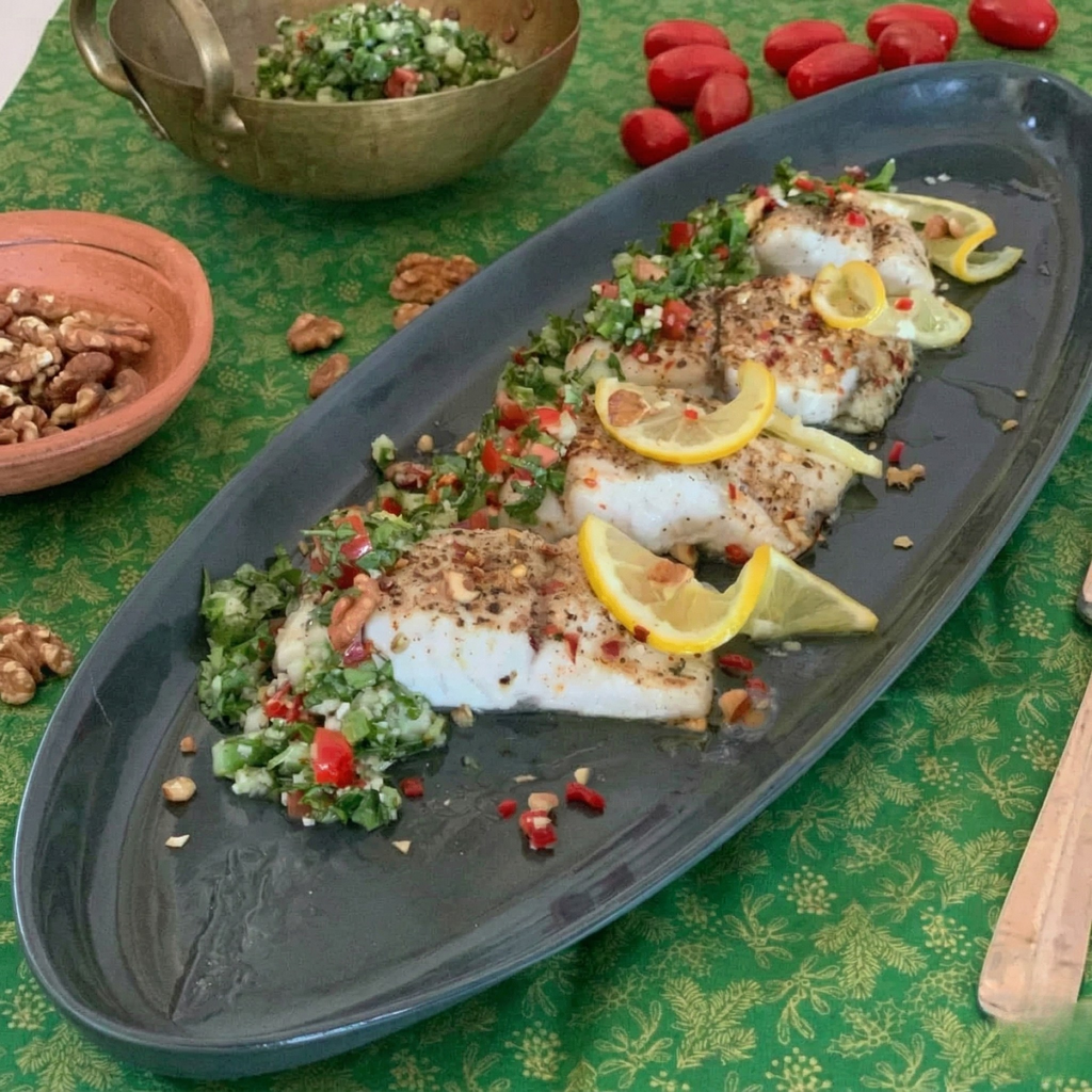 Spiced Baked Barramundi with Coriander and Smoked Walnut Tabouli