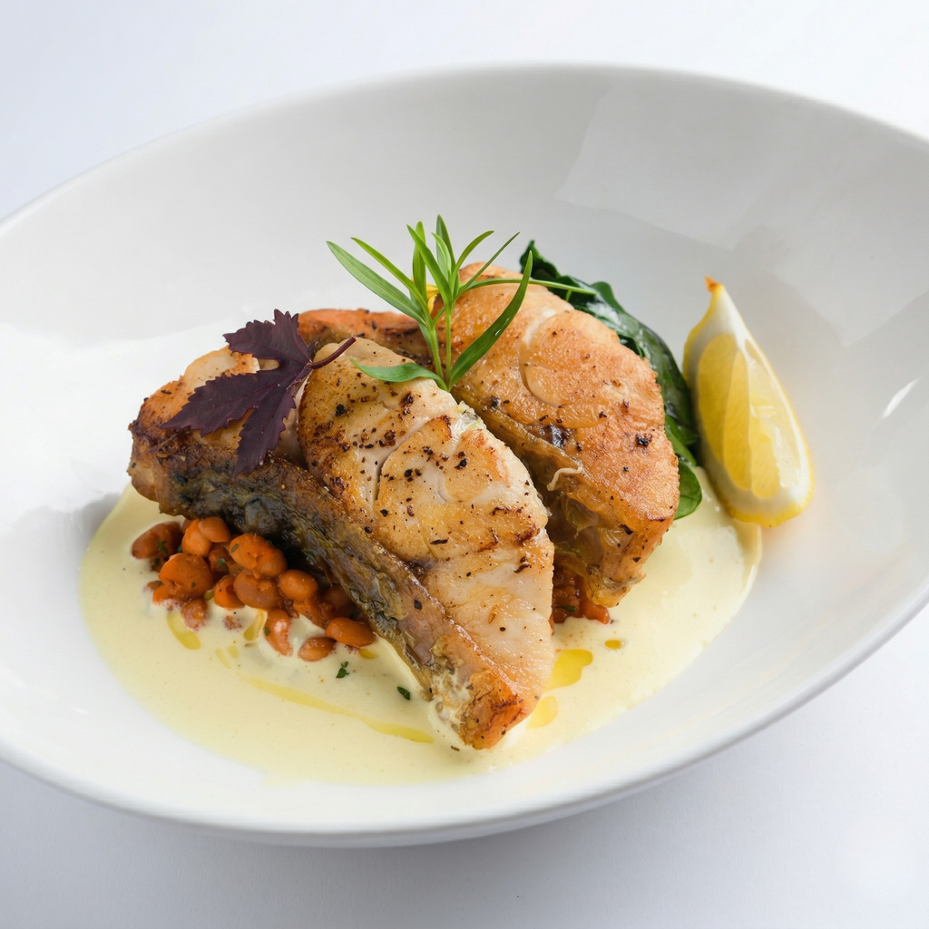 Pan-seared Barramundi Fillet with Tomato Cannellini Bean Ragout and Wilted Spinach in Lemon Butter Sauce