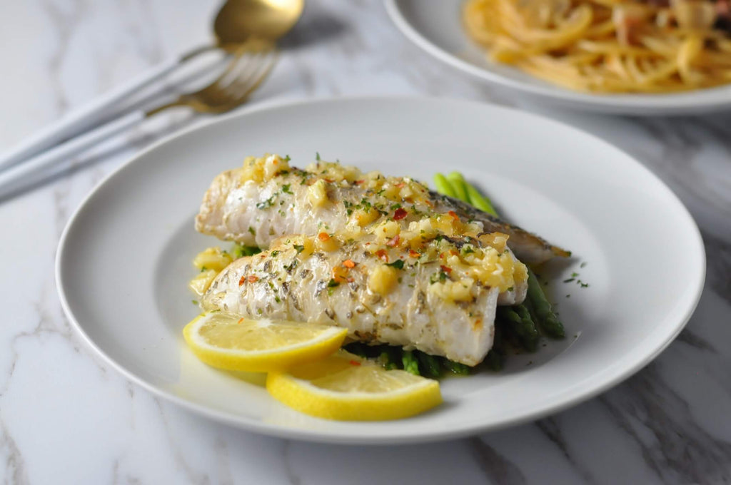 Pan Grilled Barramundi Belly With Lemon Garlic Butter Sauce