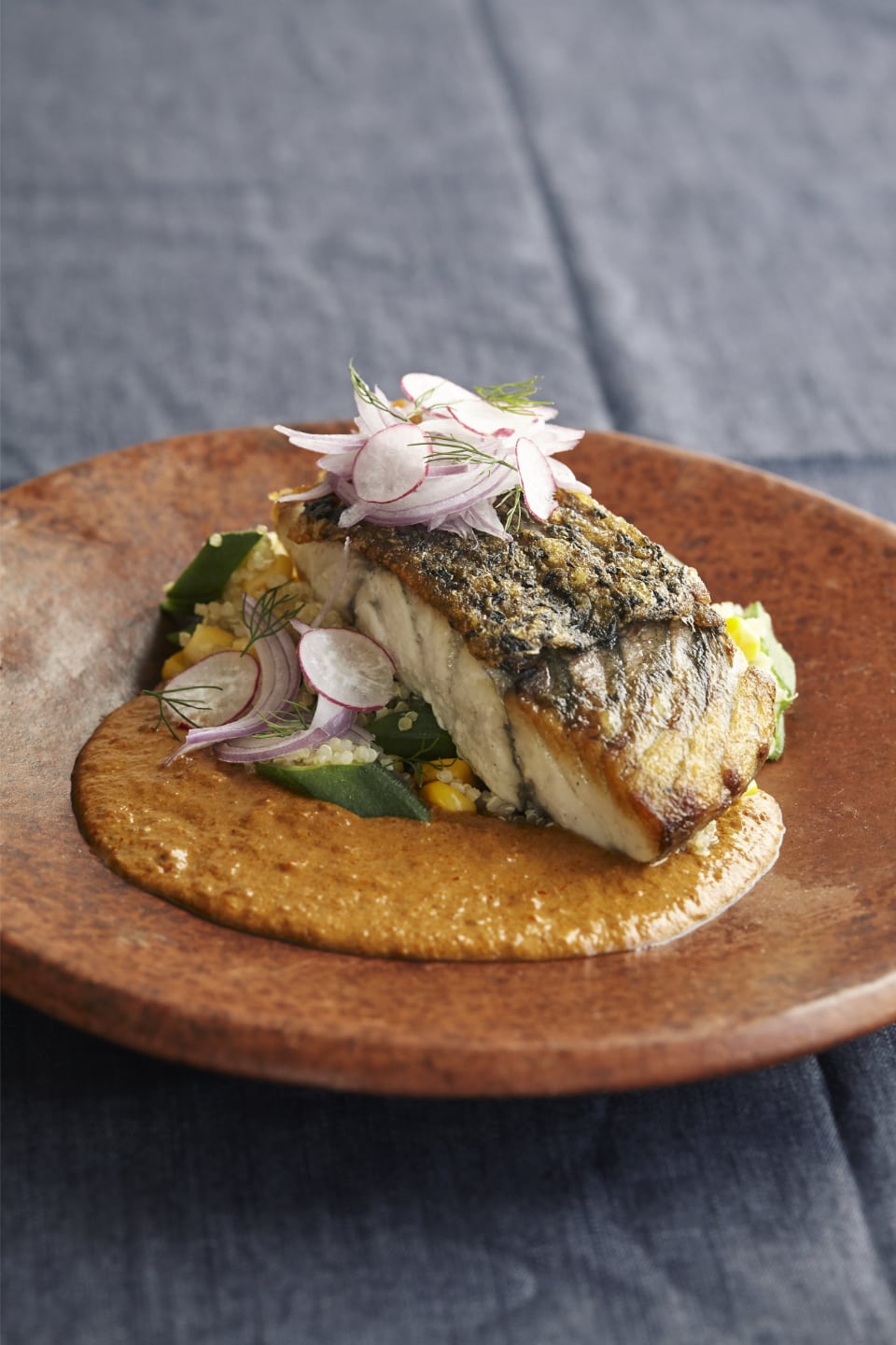 Oven Roasted Barramundi with Spicy Coconut Sauce, Ladies Fingers, Corn and Quinoa