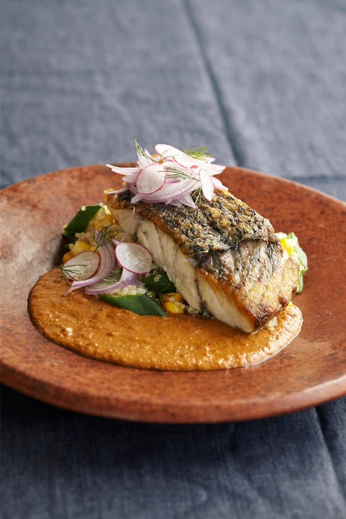 Oven Roasted Barramundi with Spicy Coconut Sauce, Ladies Fingers, Corn and Quinoa