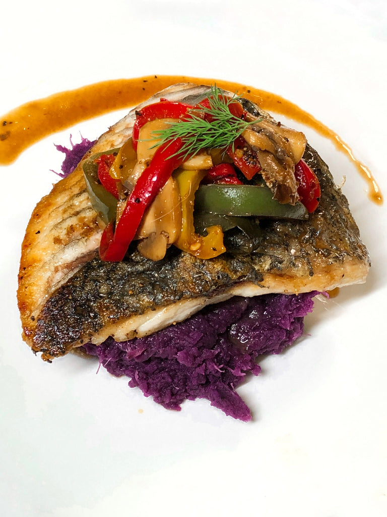 Pan-Fried Barramundi with Purple Sweet Potatoes and Capsicum in Black Pepper Sauce