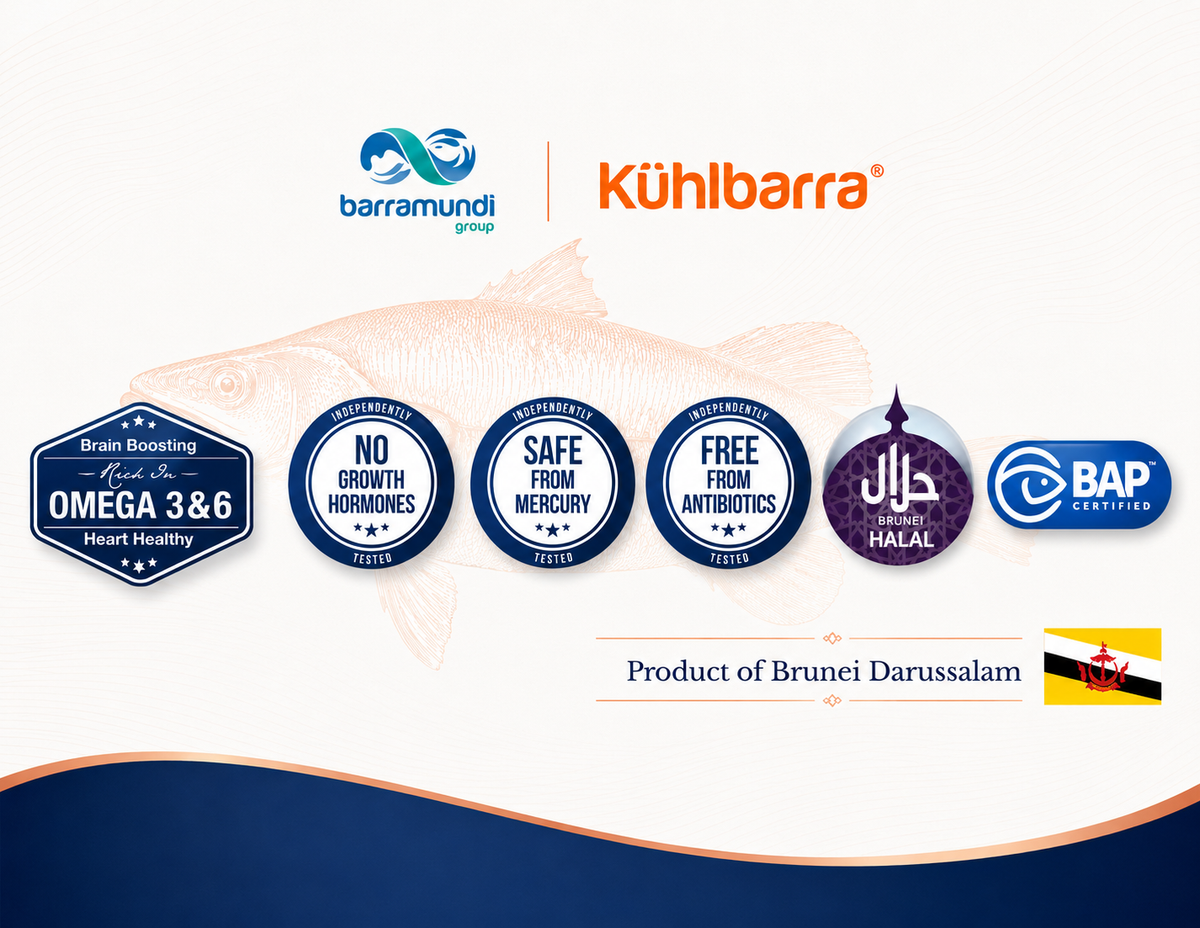 Käuhlbarra fish packaging with Barramundi Group logos and certification badges on a white background.